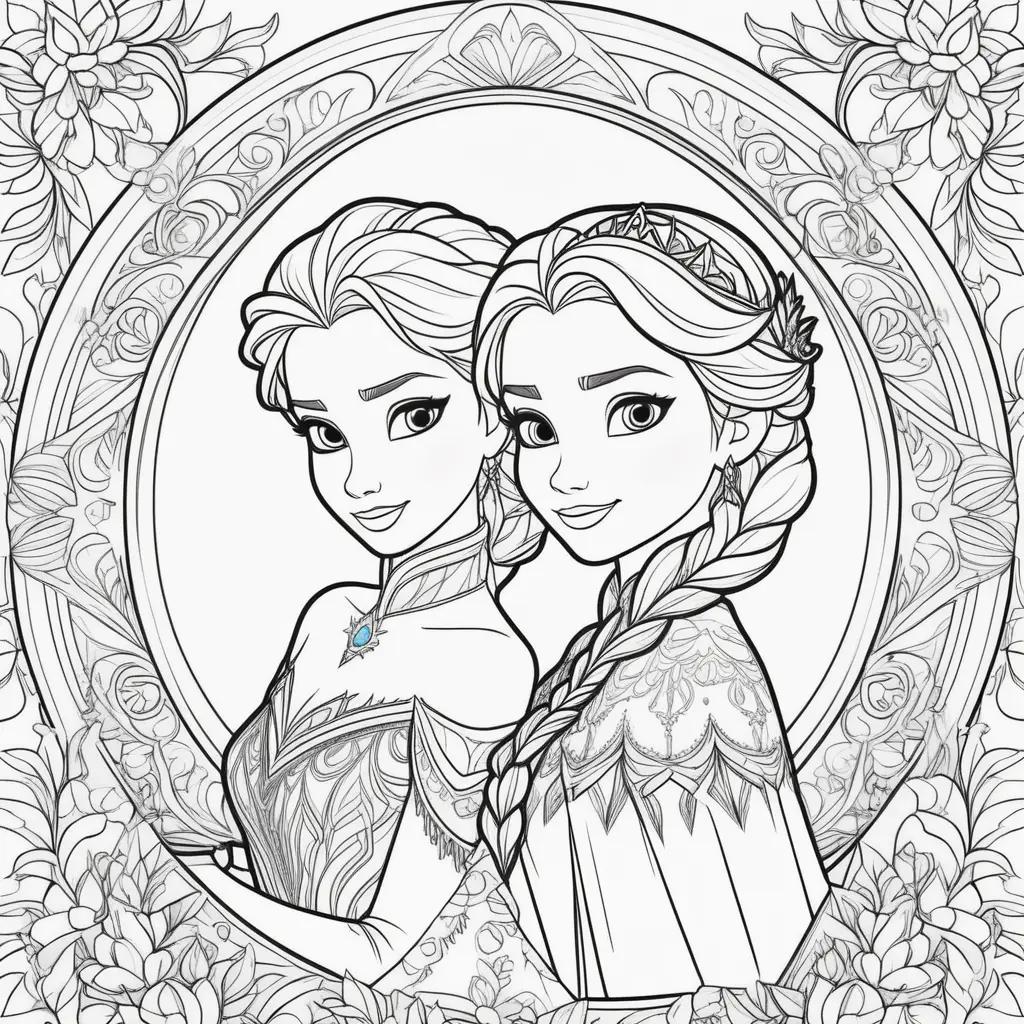 Elsa Anna coloring page with floral background