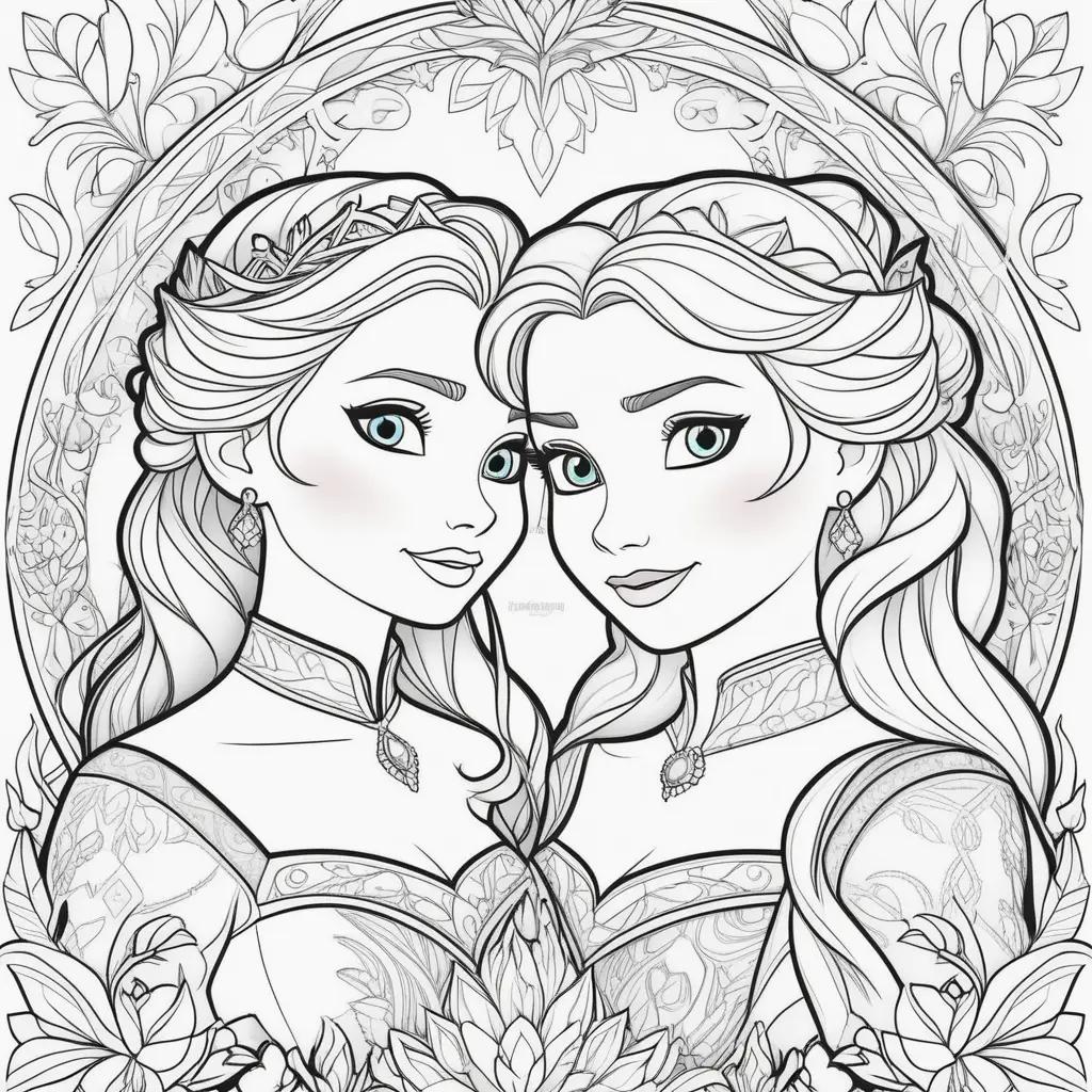 Elsa and Anna coloring page with black lines