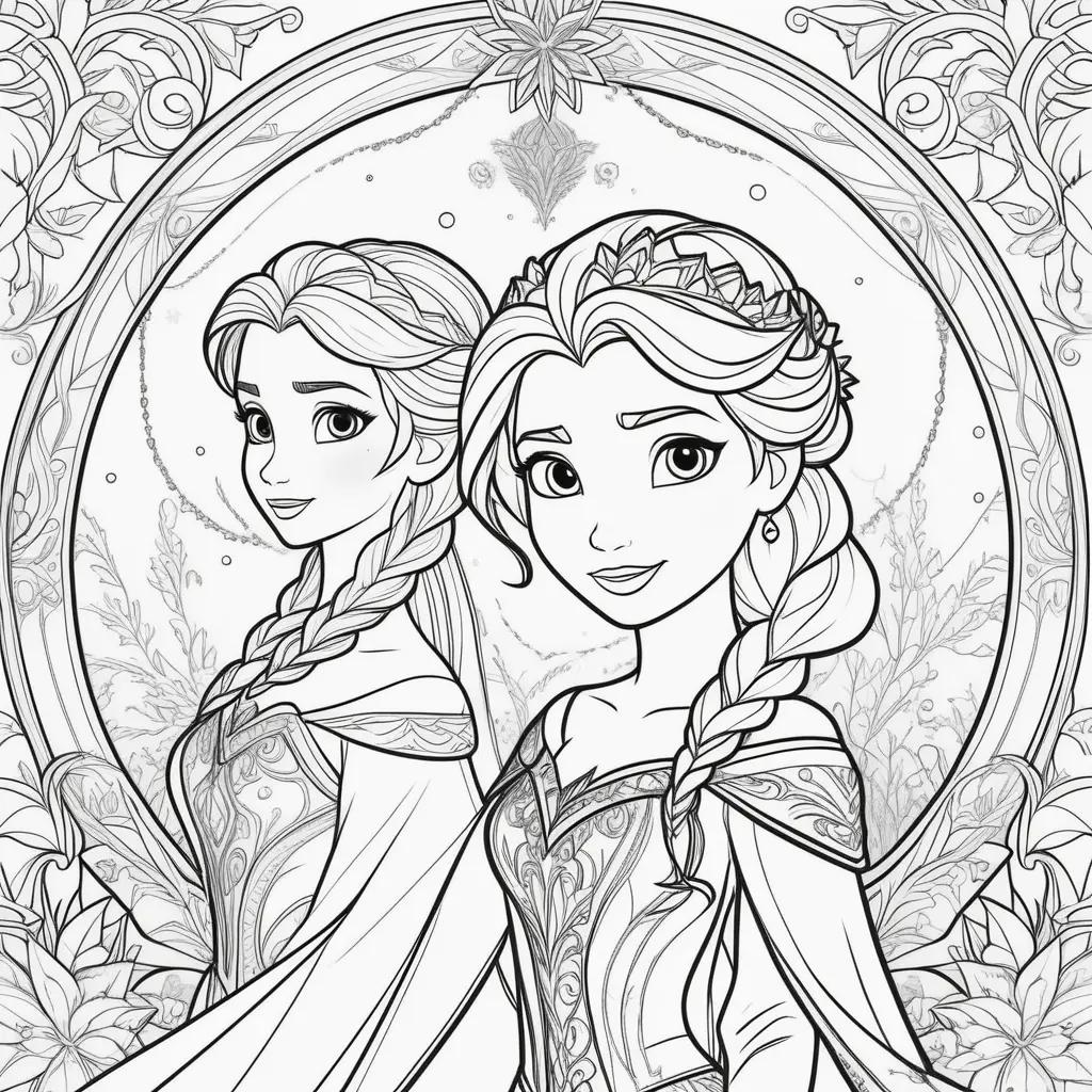 Elsa and Anna coloring page with princess crown