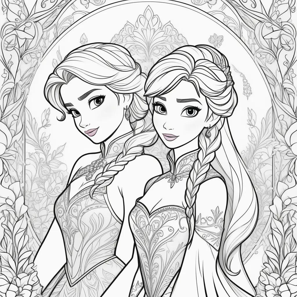 Elsa and Anna coloring pages with intricate designs