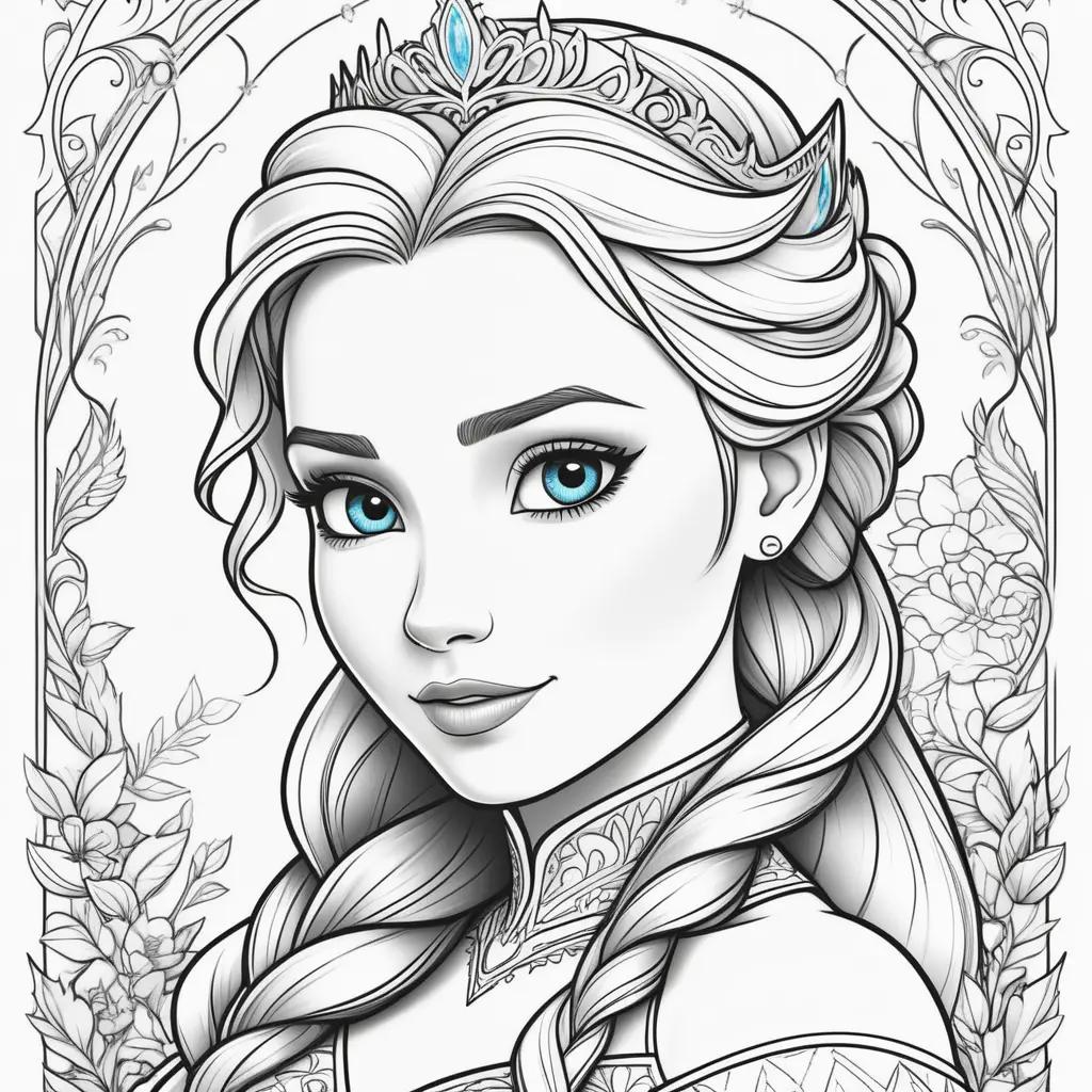 Elsa coloring page with blue hair and a crown