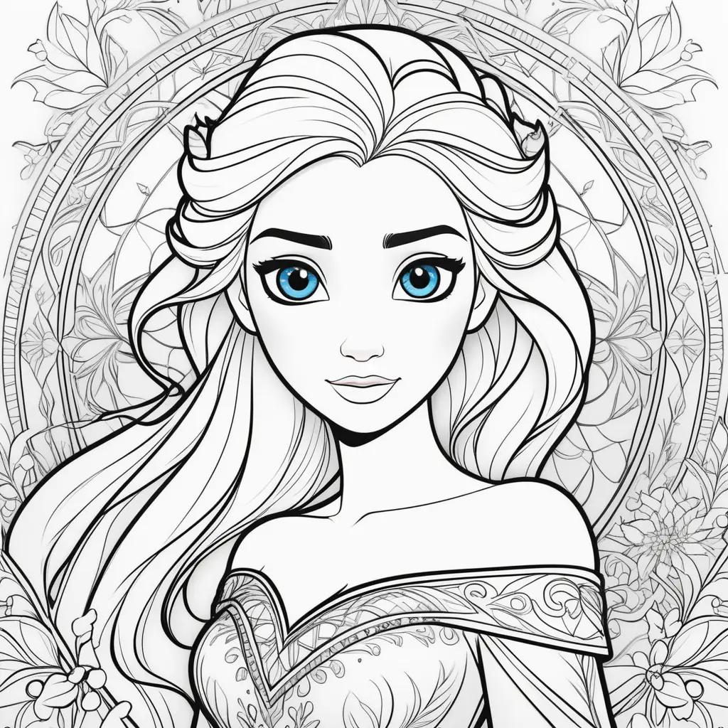 Elsa coloring pages featuring intricate designs and blue eyes