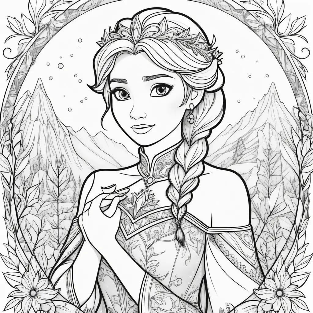 Elsa coloring pages with flowers and mountains