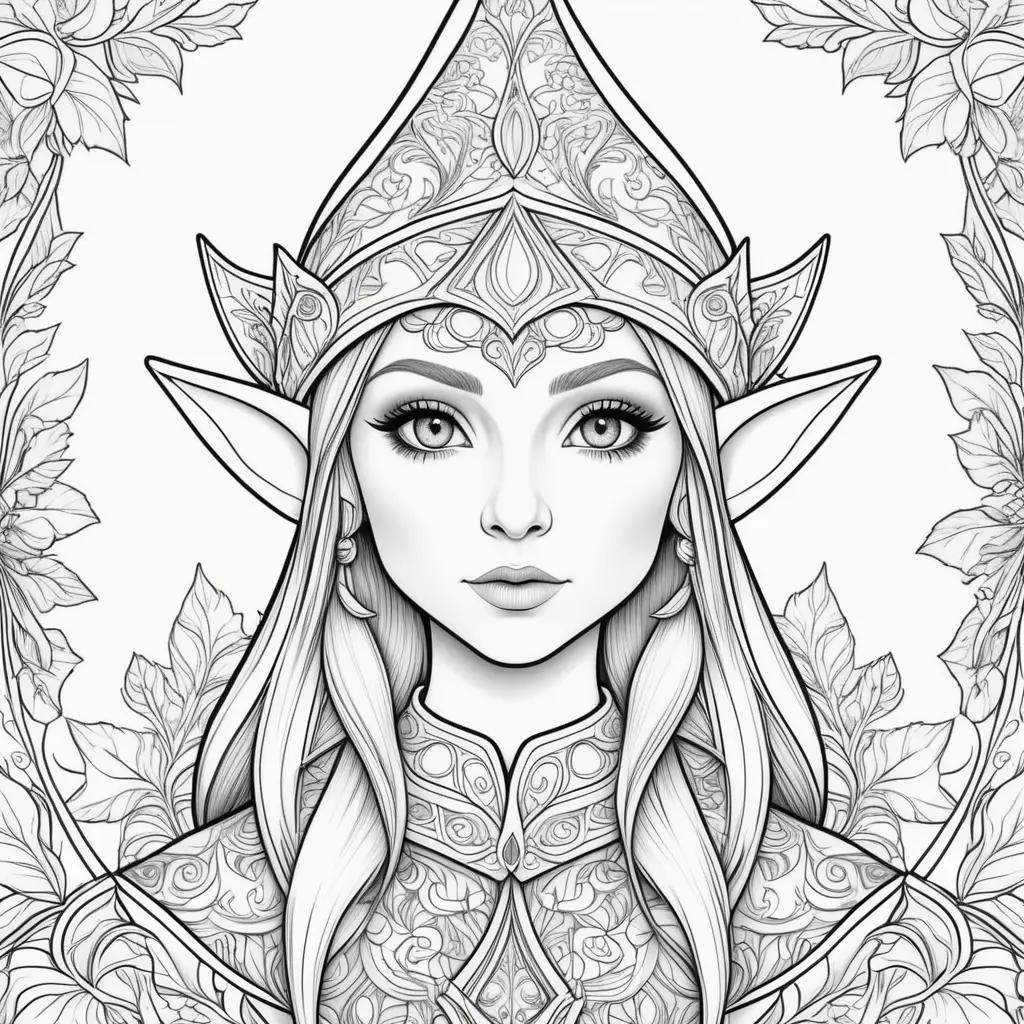 Elven coloring pages featuring a beautiful woman and leaves