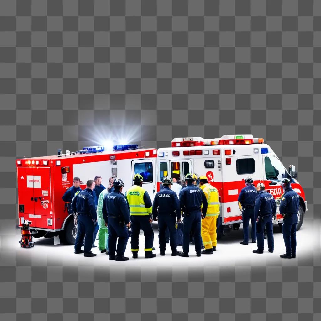 Emergency personnel gather in front of an ambulance