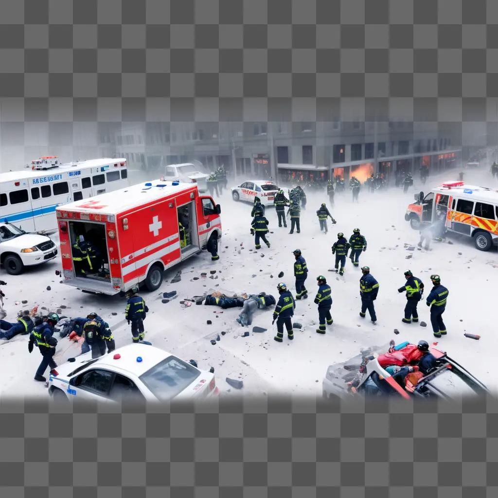 Emergency responders attending to a scene of a snowstorm