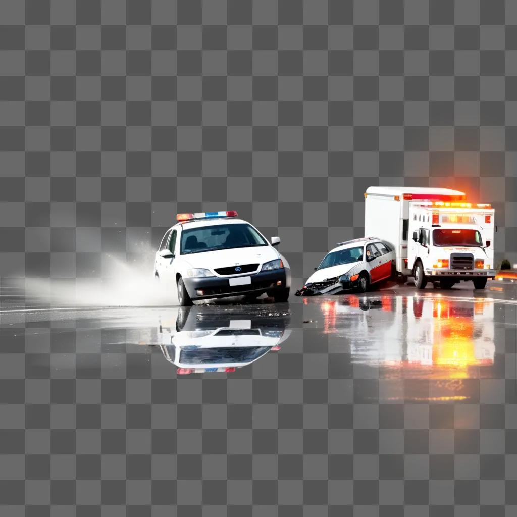 Emergency response to a car accident on a rainy street