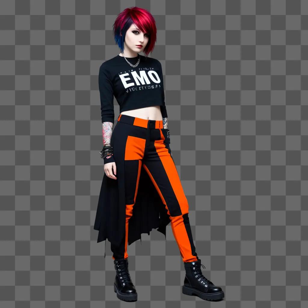 Emo fashion with black and orange pants