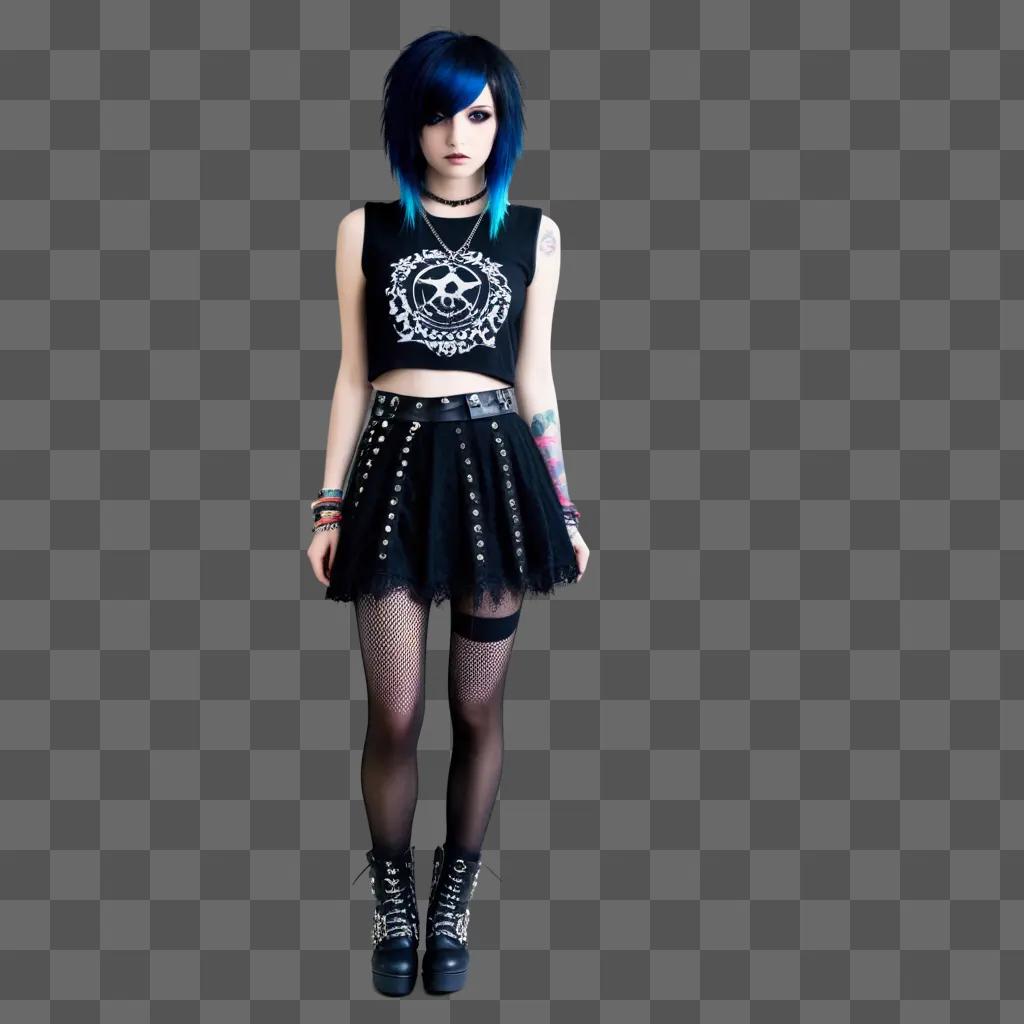 Emo girl in black and blue clothes