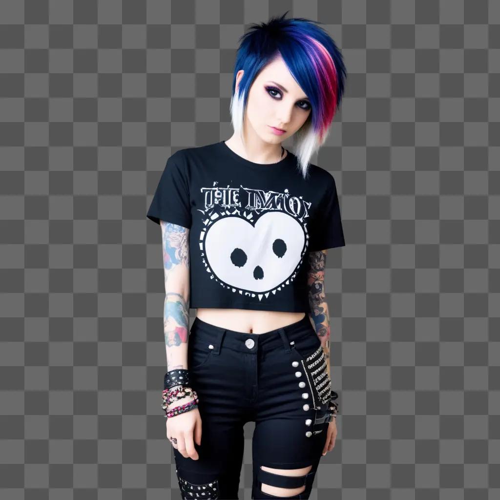 Emo girl with black and pink hair wearing punk clothing