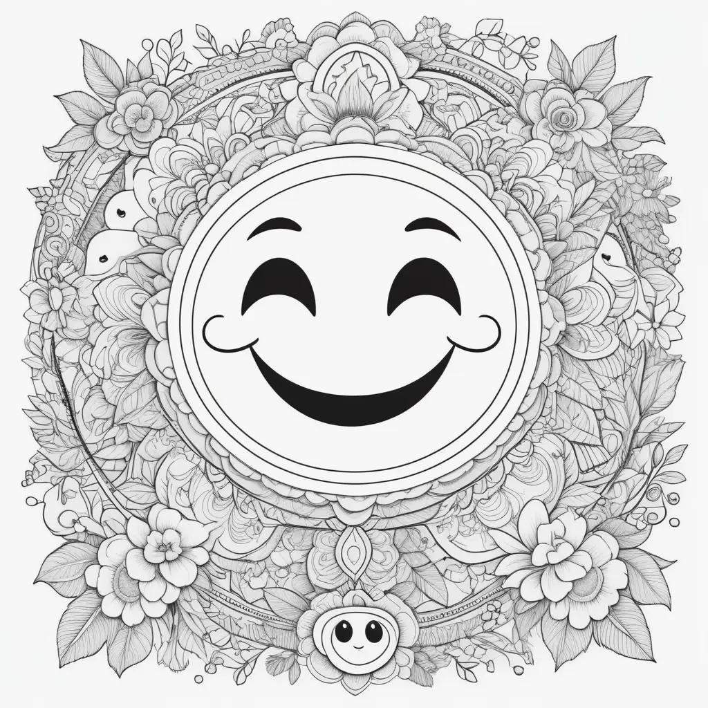 Emoji coloring pages featuring a smiling face surrounded by flowers