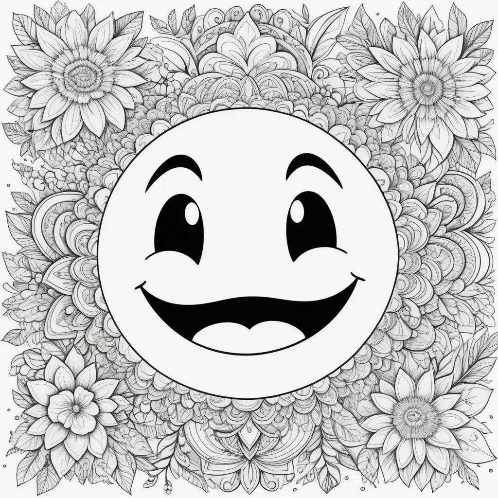 Emoji coloring pages with a smiling face surrounded by flowers