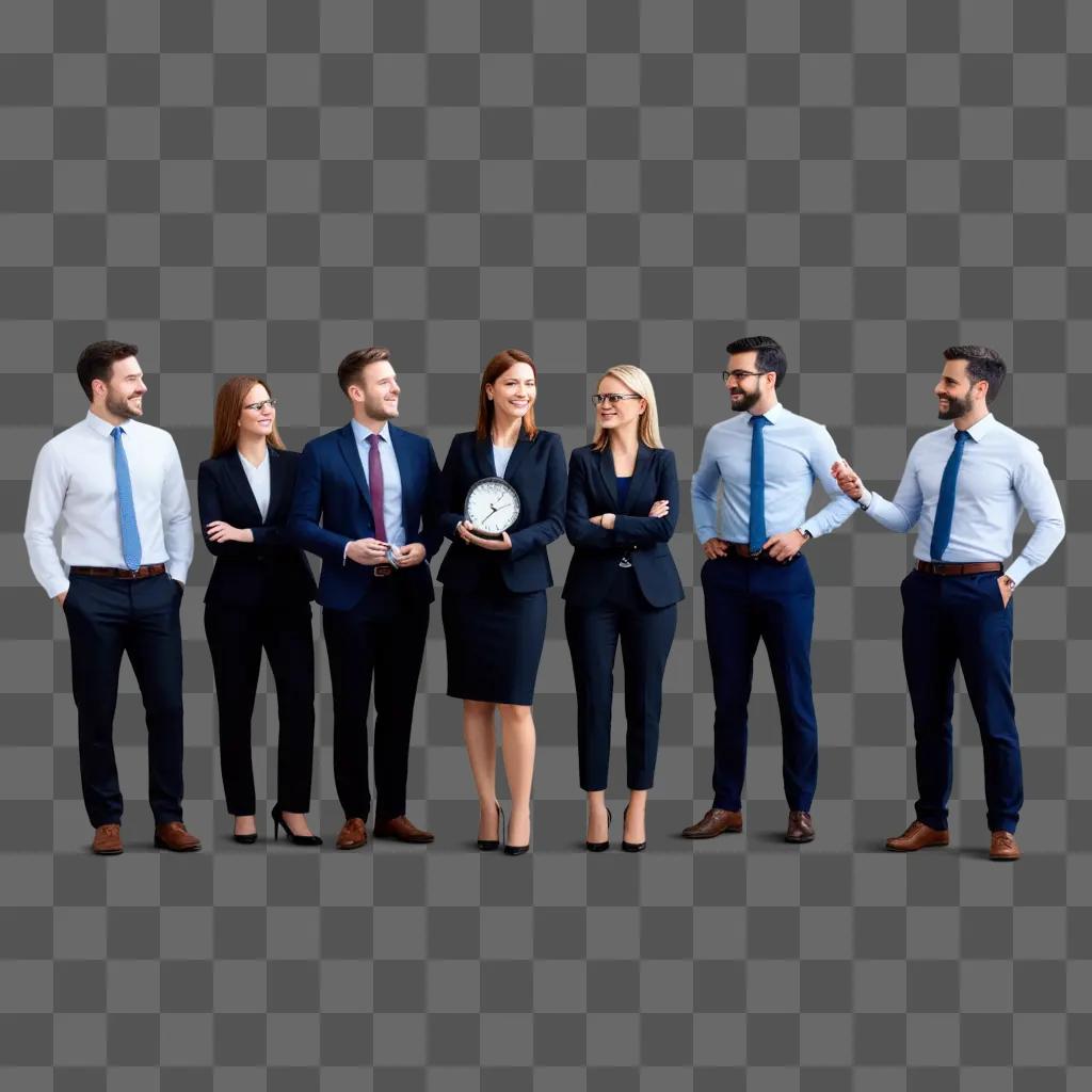 Employees pose for a group photo with a clock