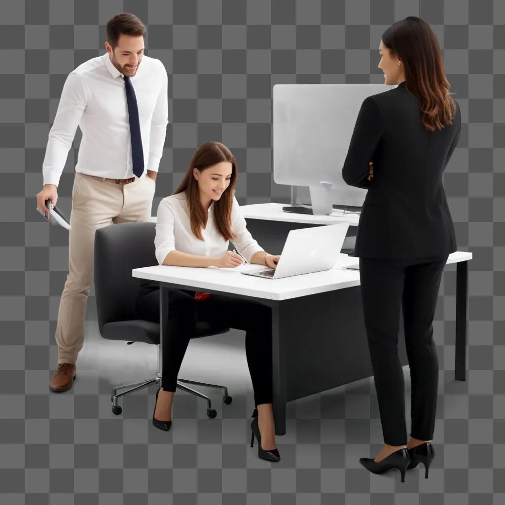 Employees work at an office with a computer and a phone