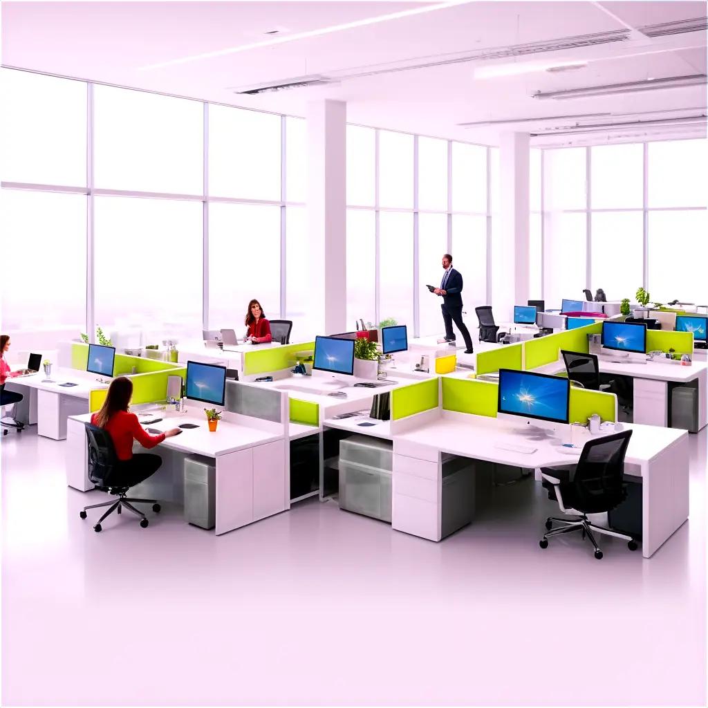 Employees work in a spacious office space