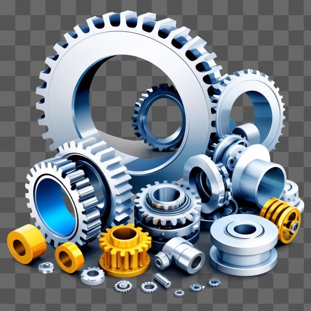 Engineering clipart: gears, wheels, and screws in a gray background