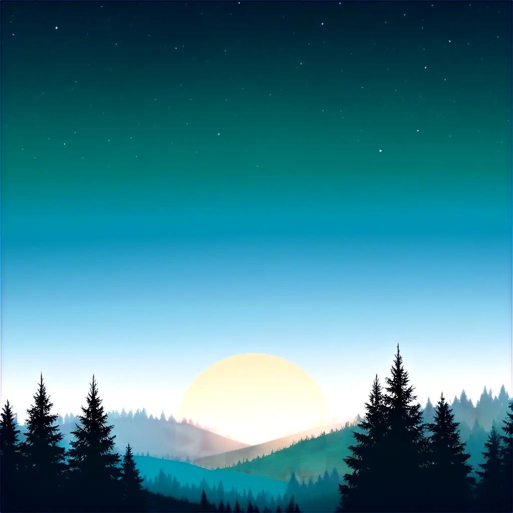 Evergreen forest at sunset under a starry sky