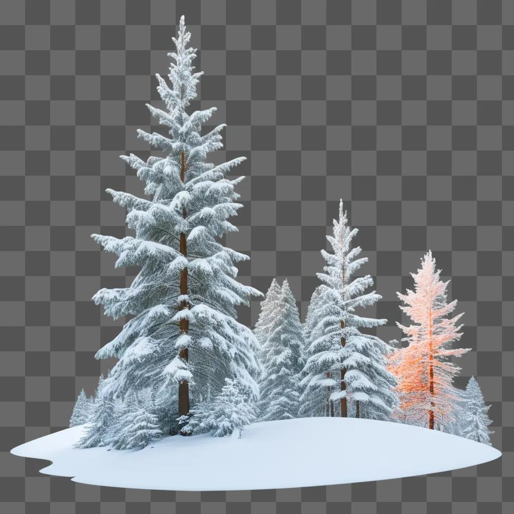 Evergreen trees in a snowy landscape with orange light