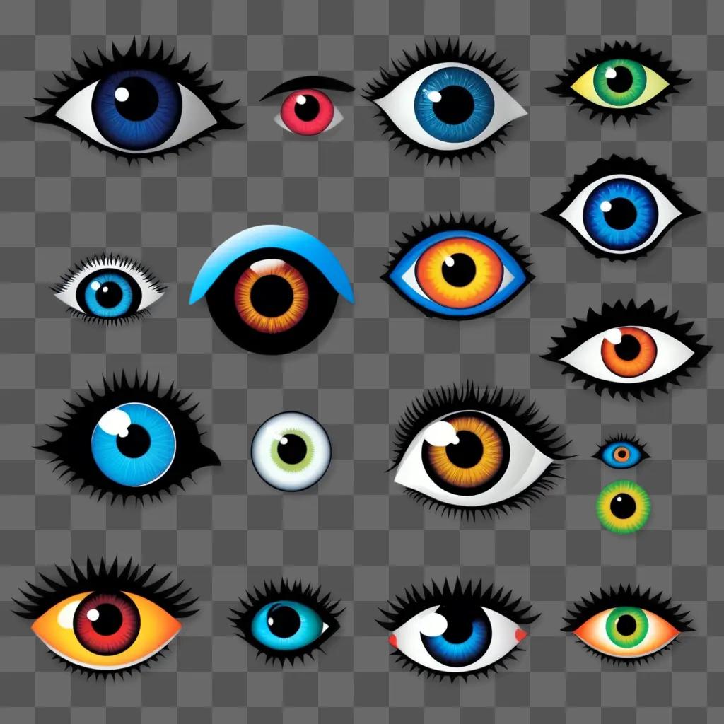 Eyes in various colors and shapes on a dark background