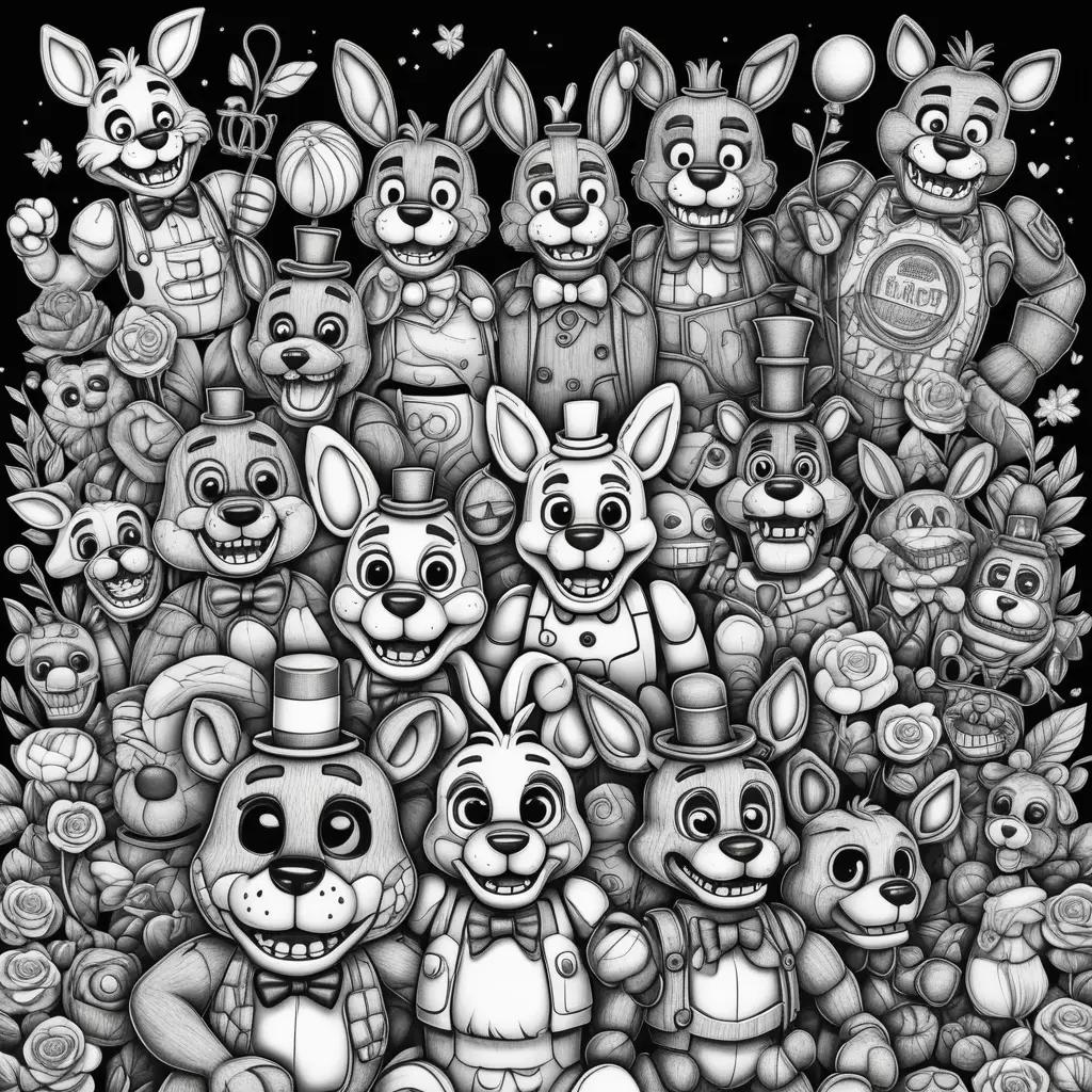 FNAF Coloring Page - A Cartoon of Five Bunnies and Two Cats