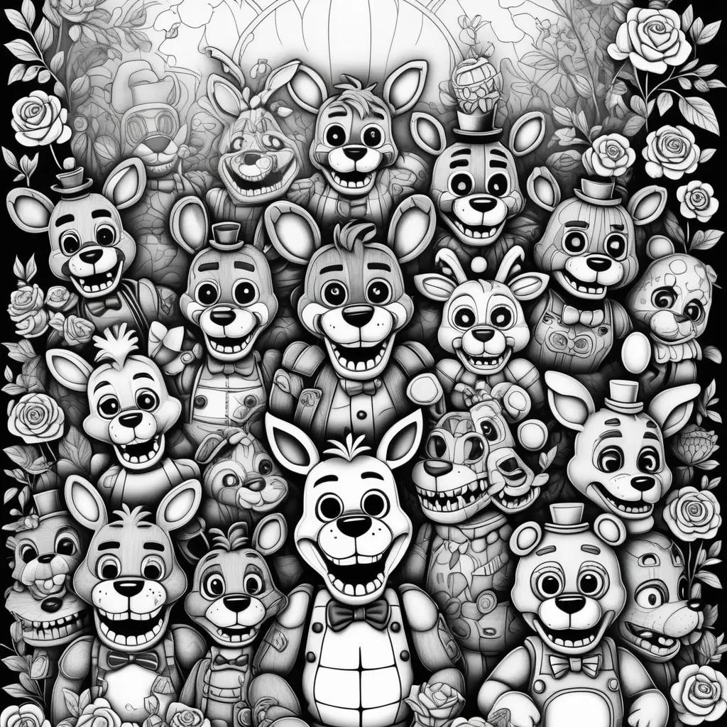 FNAF color page with black and white cartoon characters