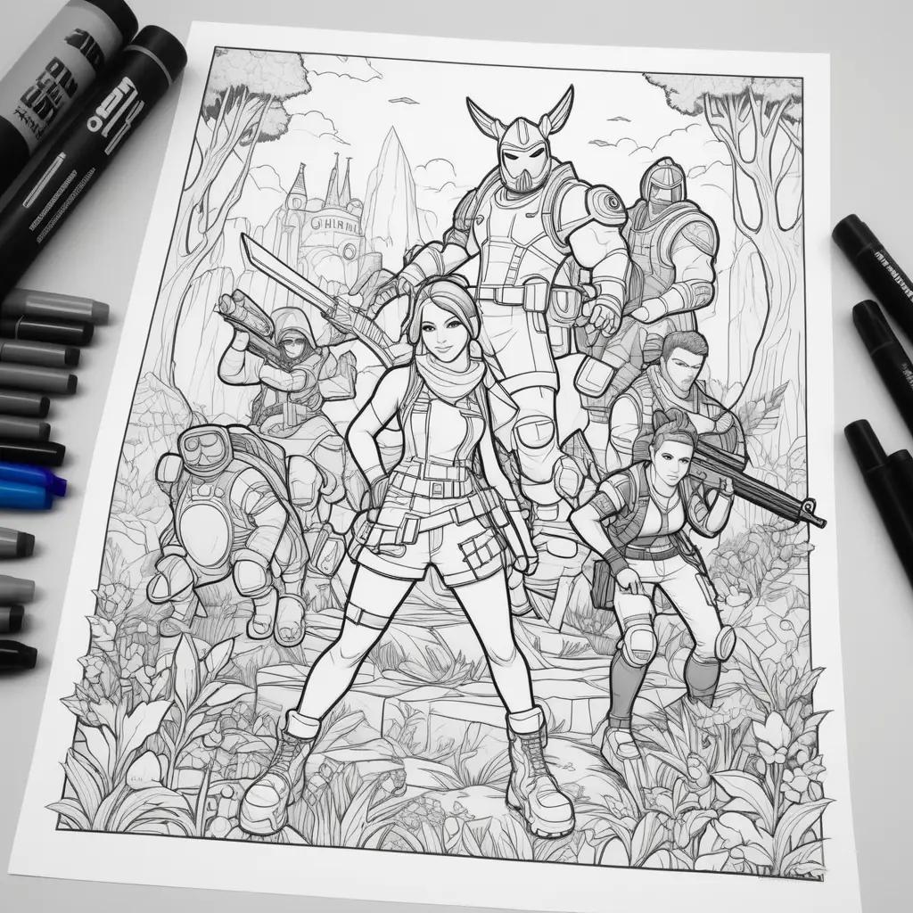 FORTNITE Coloring Page - Girl and Four Soldiers