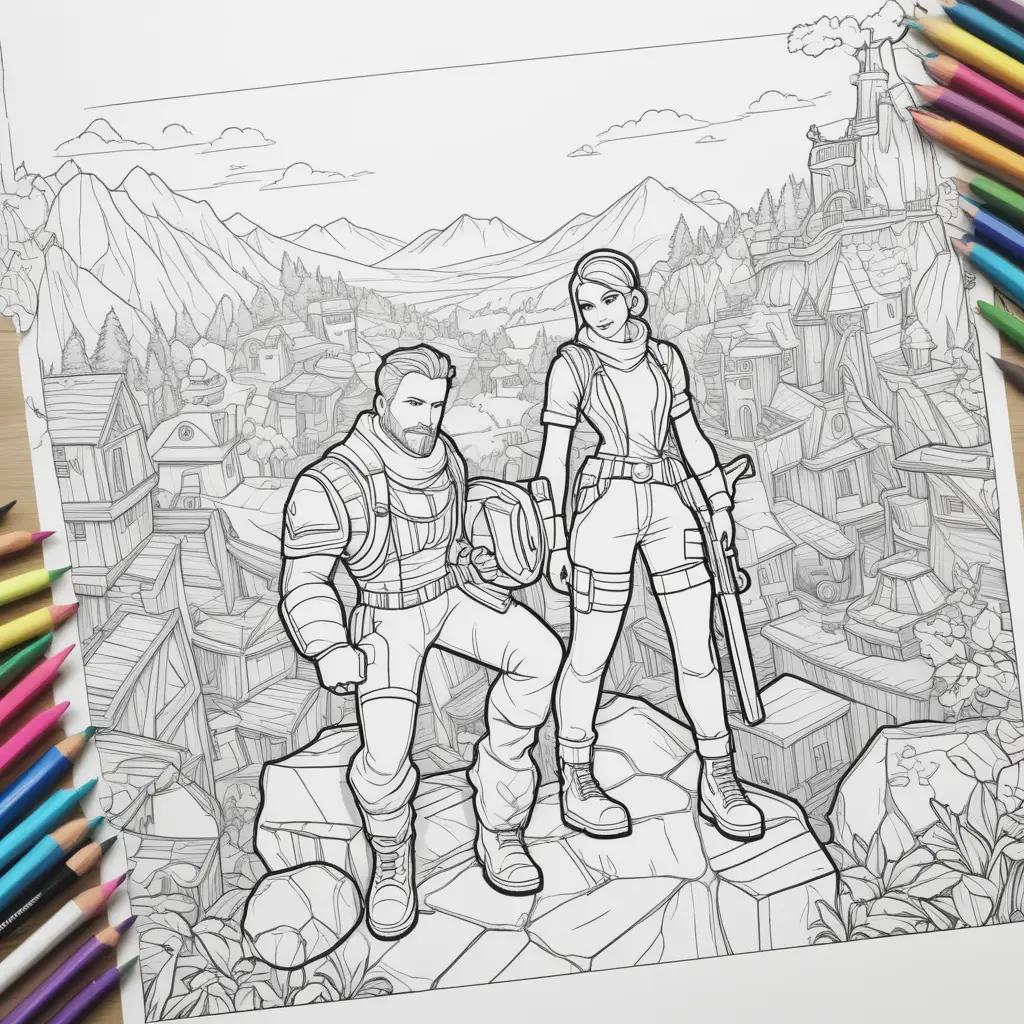 FORTNITE coloring page of a couple on a mountain