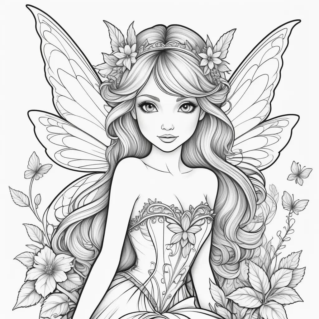 Fairy coloring page: delicate wings, flowers, and a crown