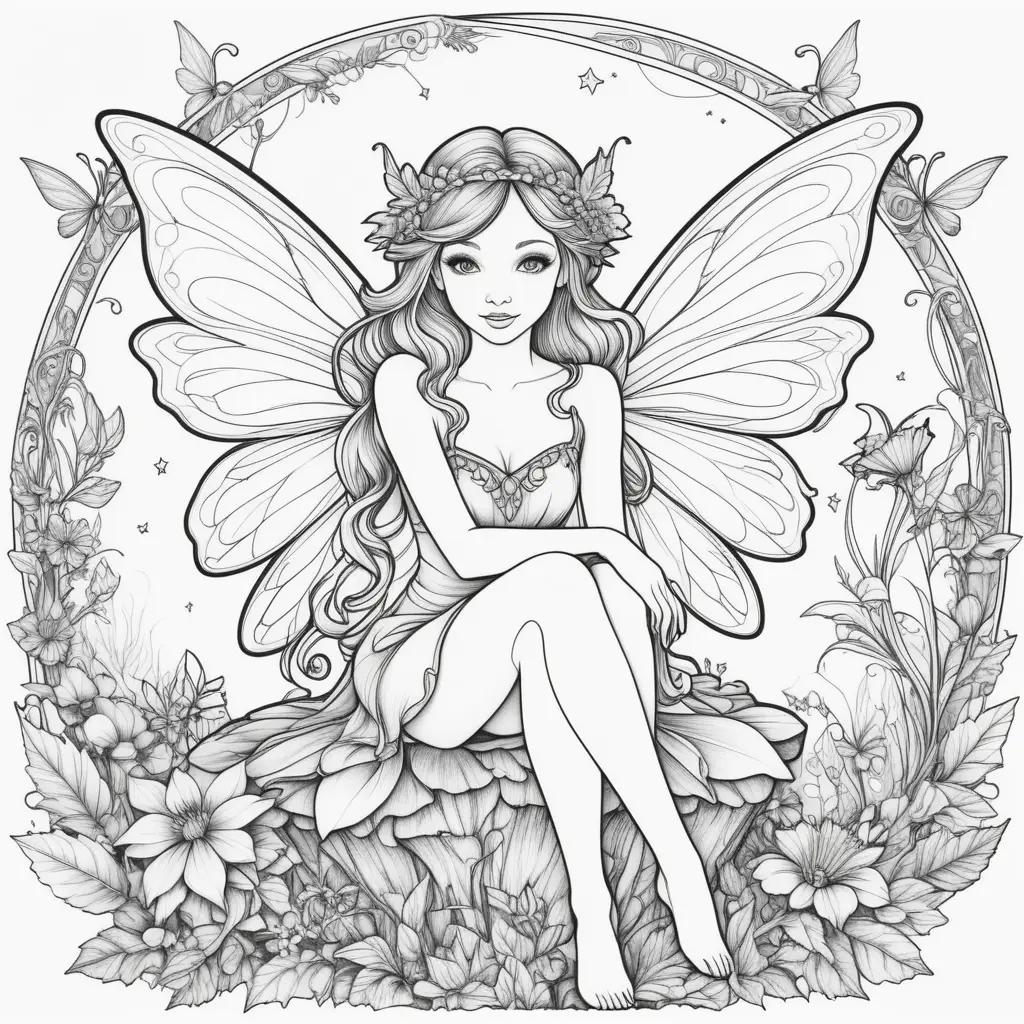 Fairy coloring page with butterfly wings and flowers