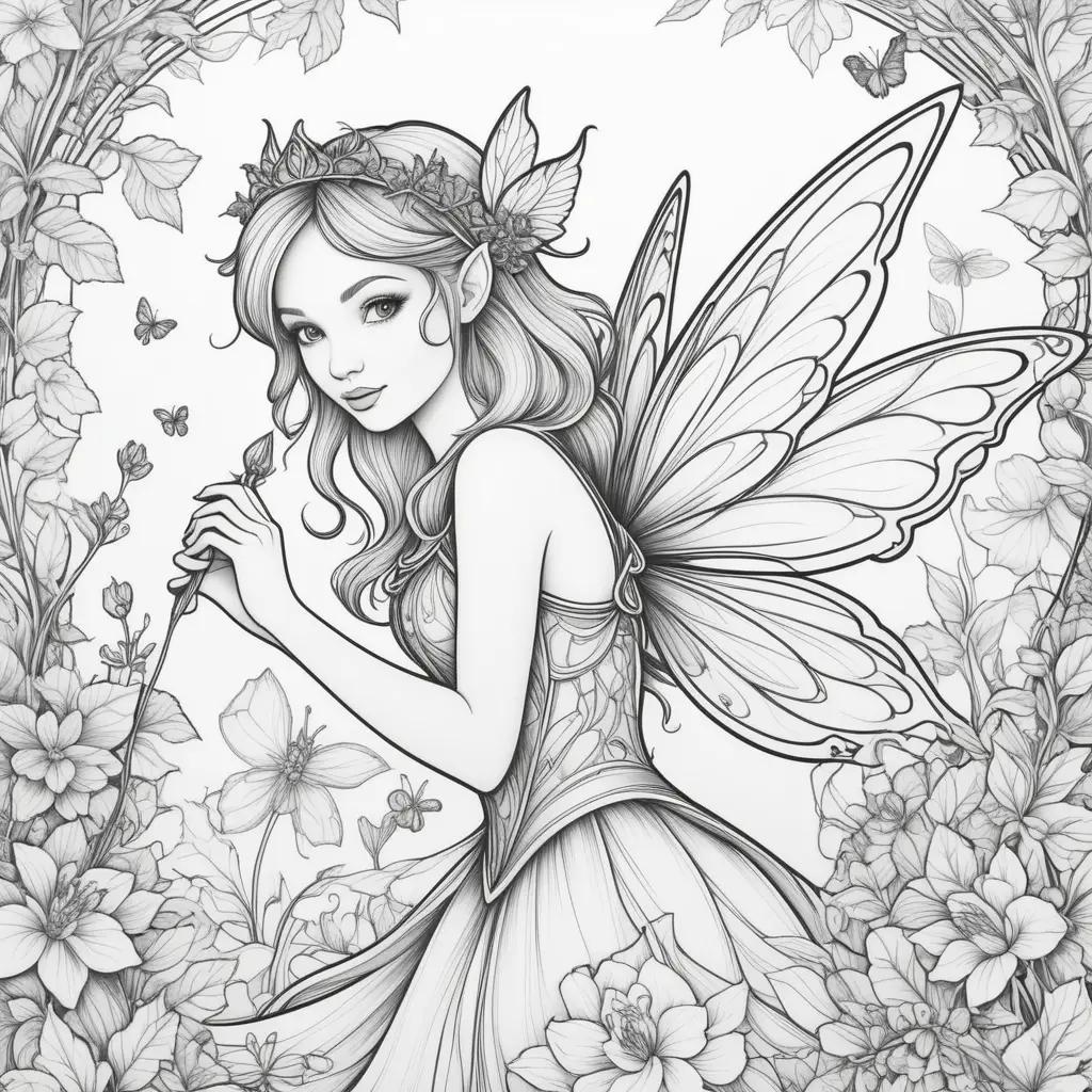 Fairy coloring page with flowers and butterflies