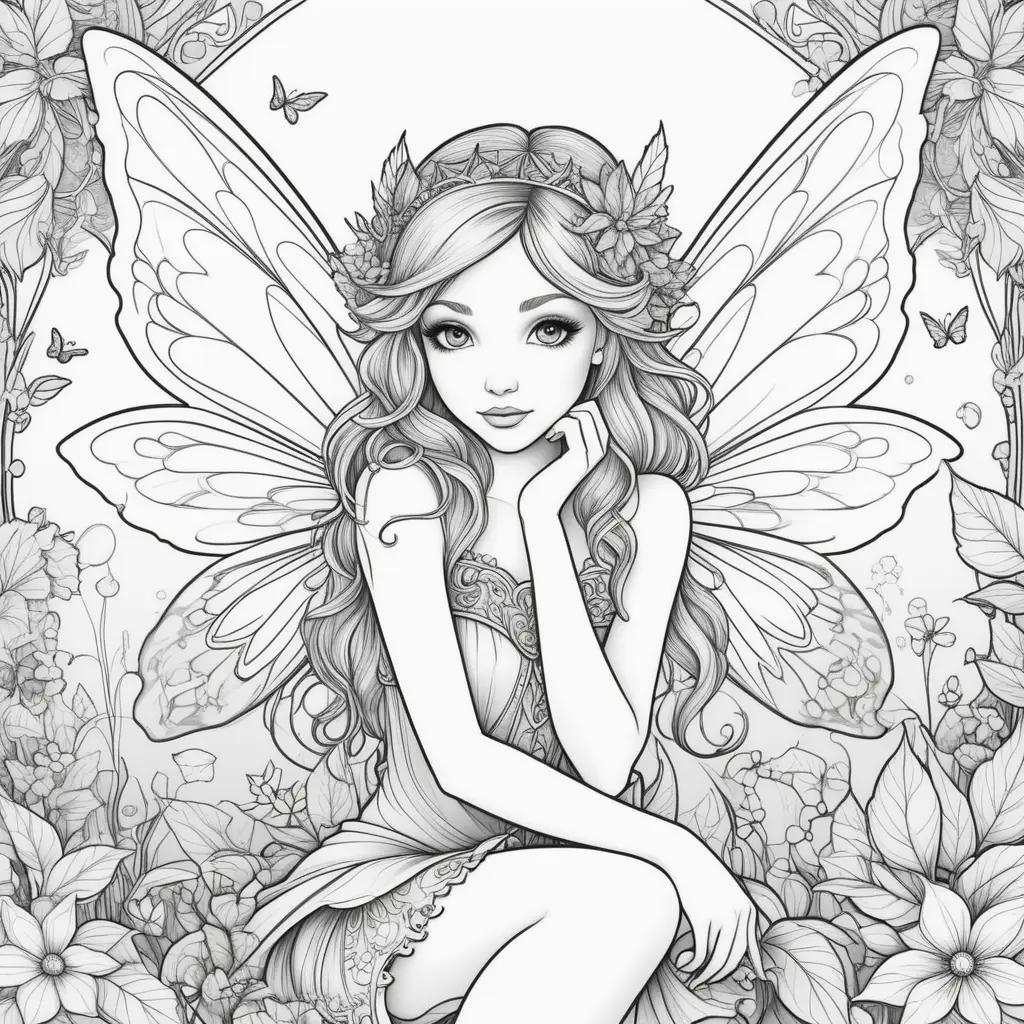 Fairy coloring page with flowers and butterflies