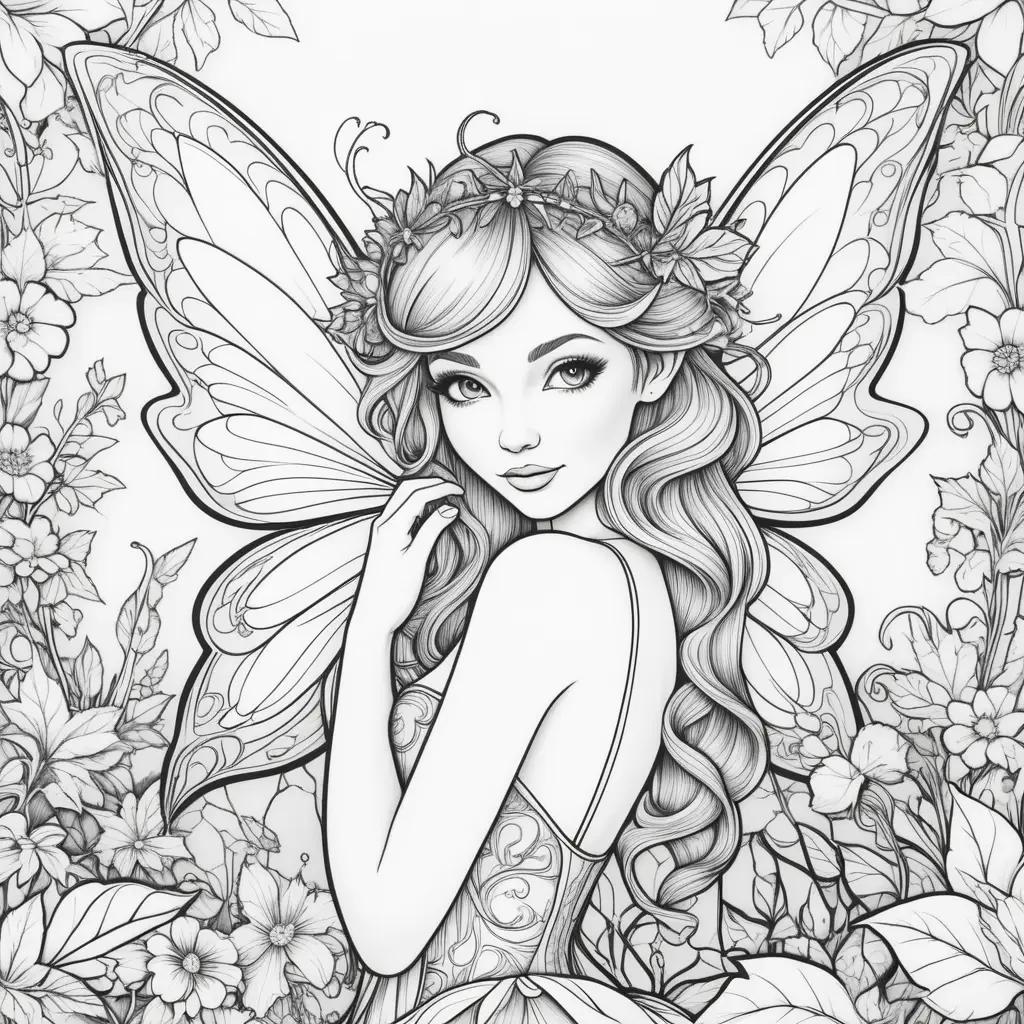 Fairy coloring page with flowers and leaves