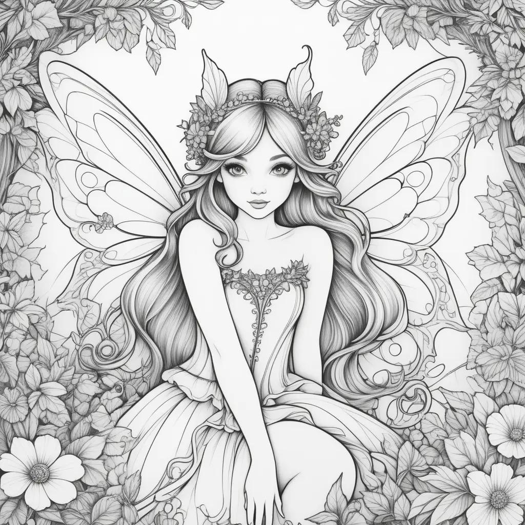 Fairy coloring page with flowers and wings