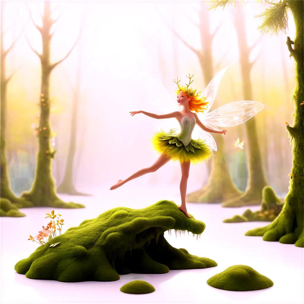 Fairy dances in a forest with lush green moss