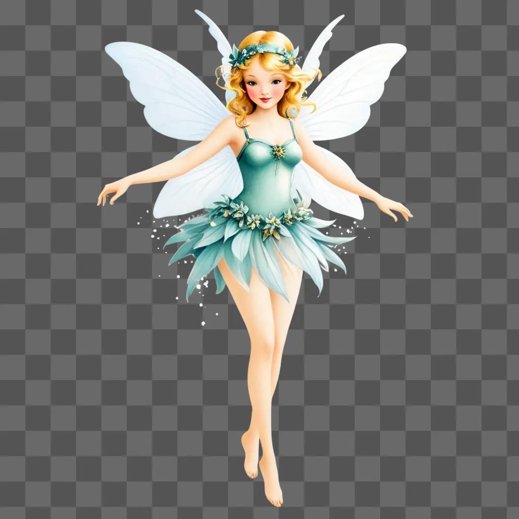 Fairy in blue dress with wings and flowers