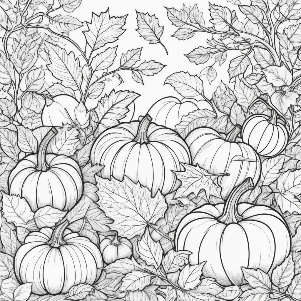 Fall Coloring Pages Printable - a collection of black and white illustrations of pumpkins and leaves