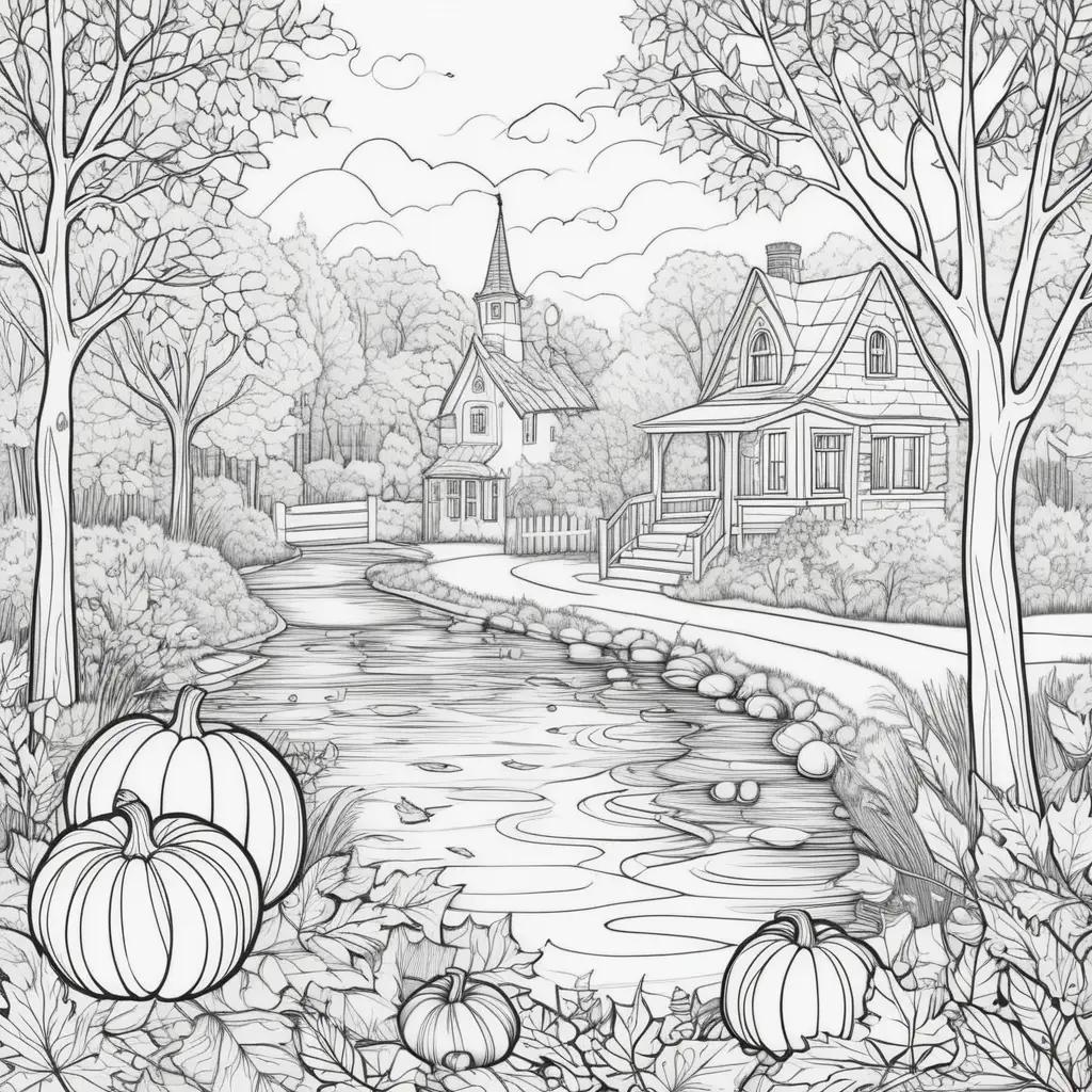 Fall coloring pages featuring a church, house, and pond