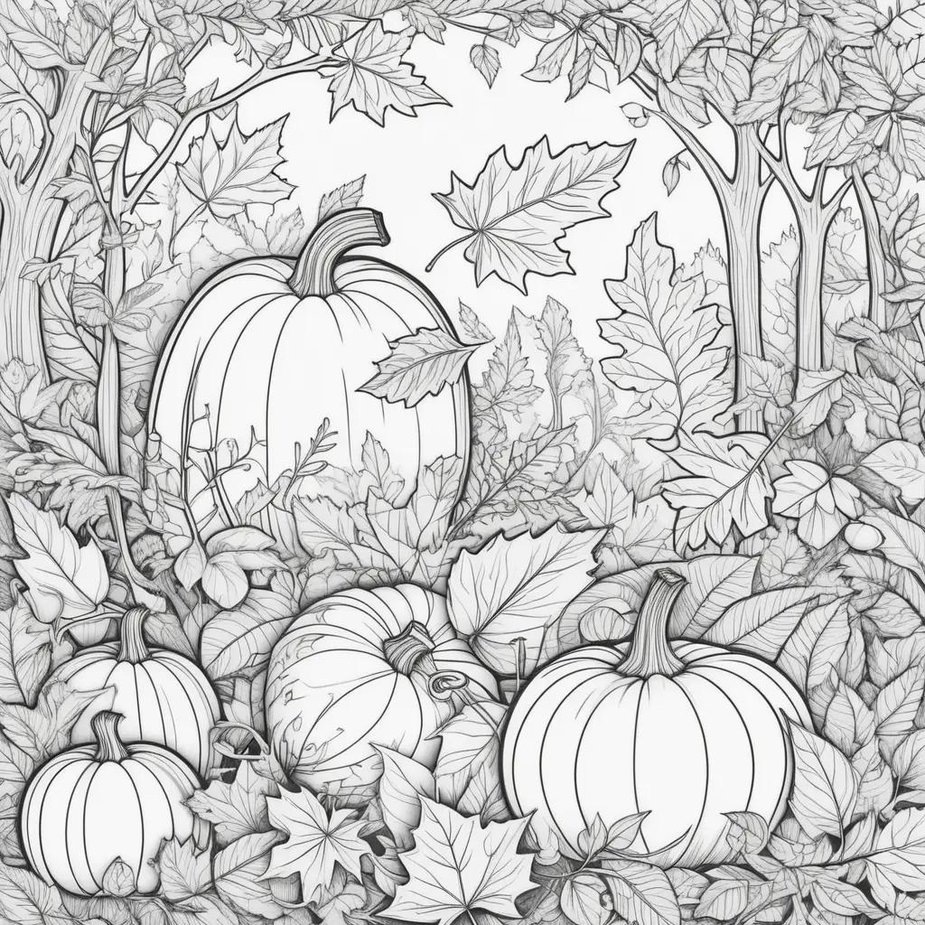 Fall coloring pages with pumpkins and leaves