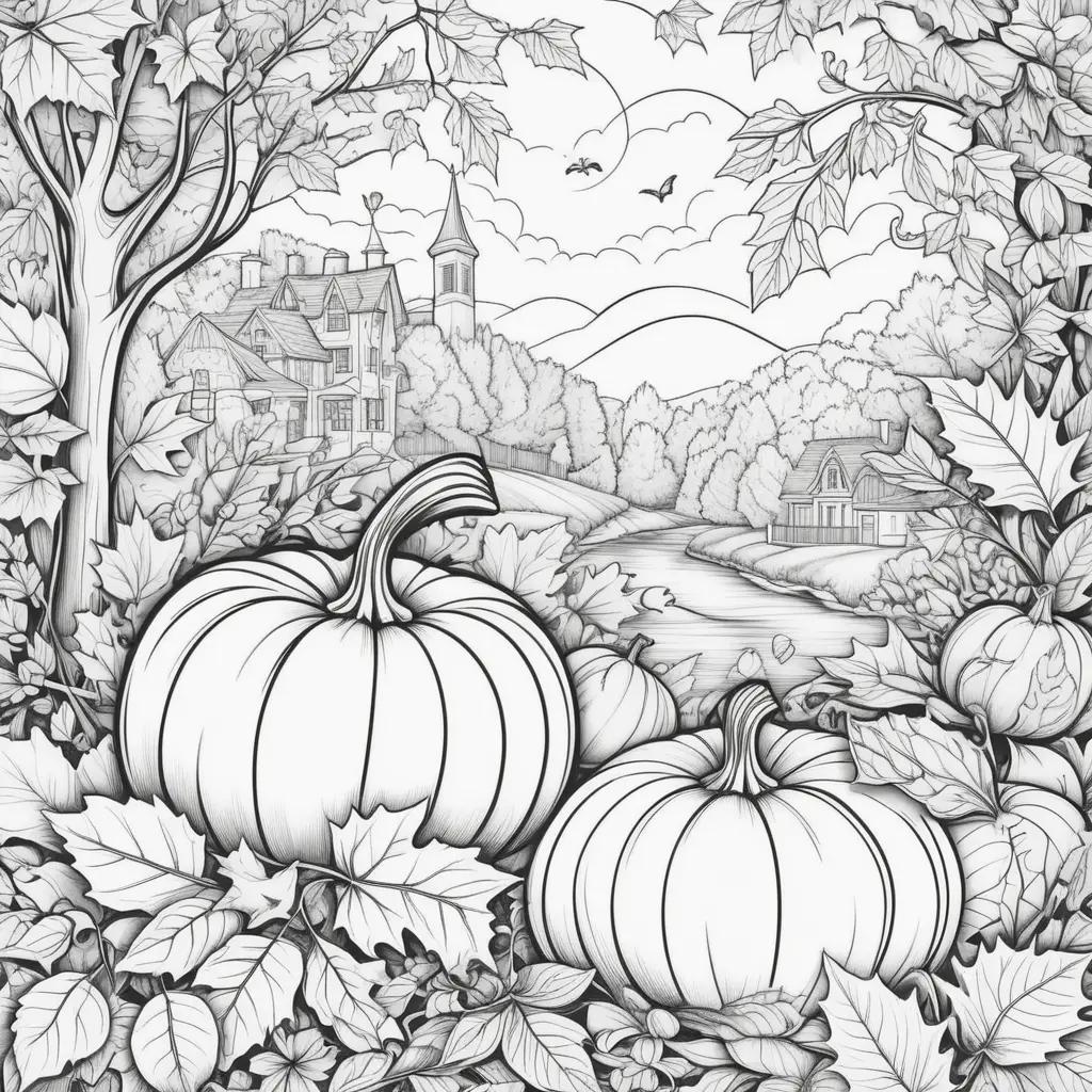 Fall printable coloring pages featuring pumpkins and a house