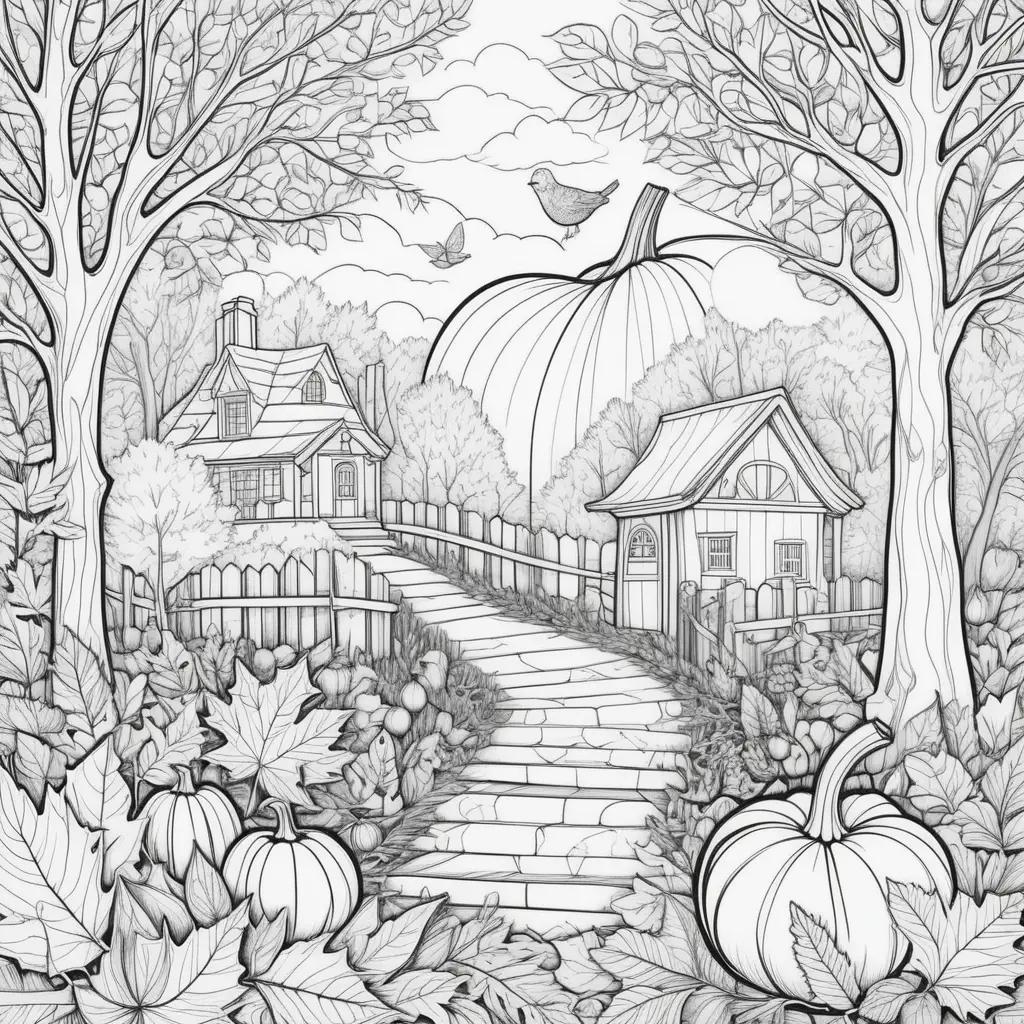 Fall-themed coloring pages featuring a pumpkin, leaves, and house