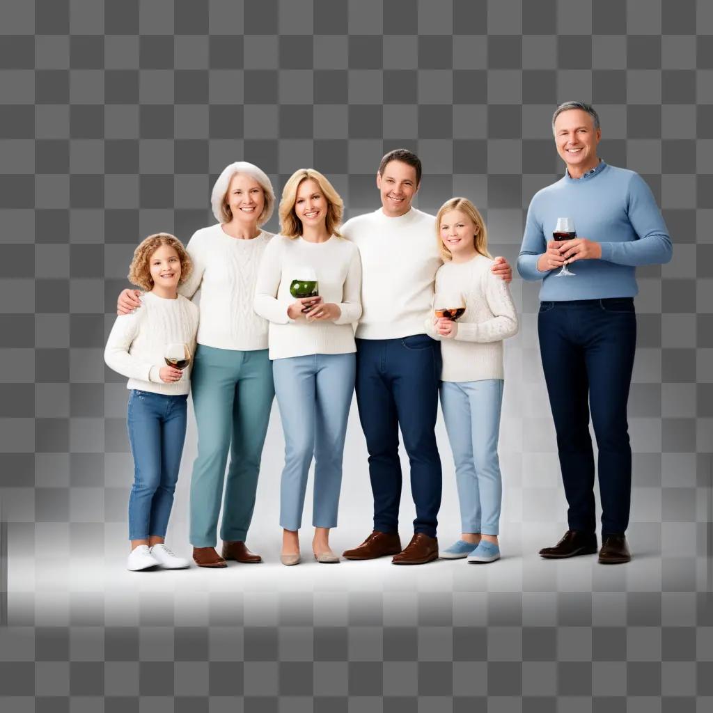 Family group pose for photo with wine glasses