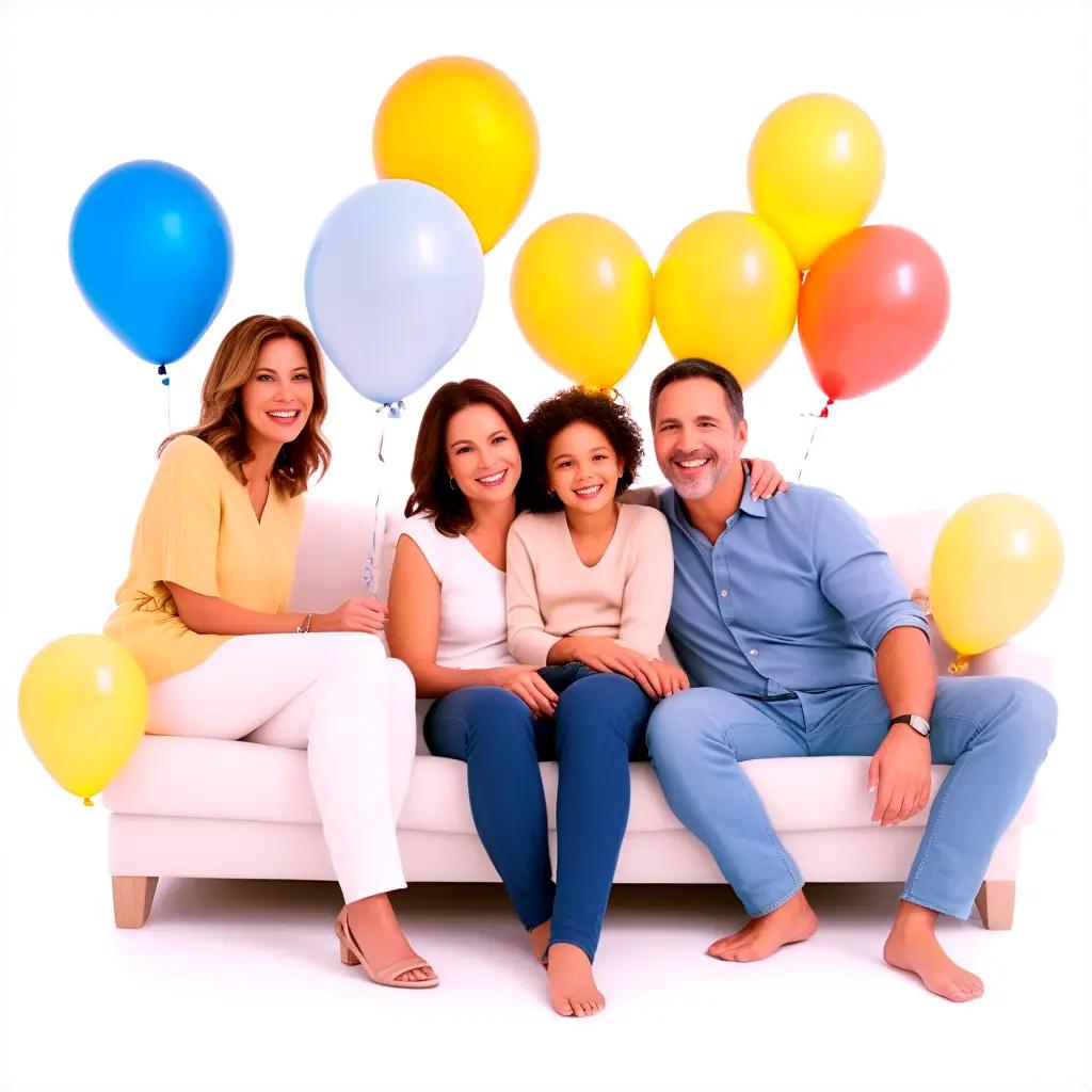 Family group poses for a picture with balloons