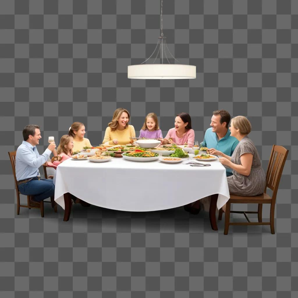 Family sits at dining table, enjoying a meal together