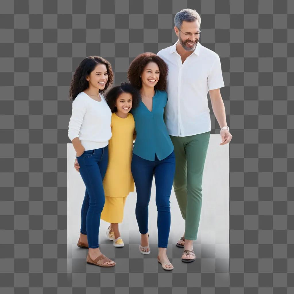 Family walking through a transparent doorway