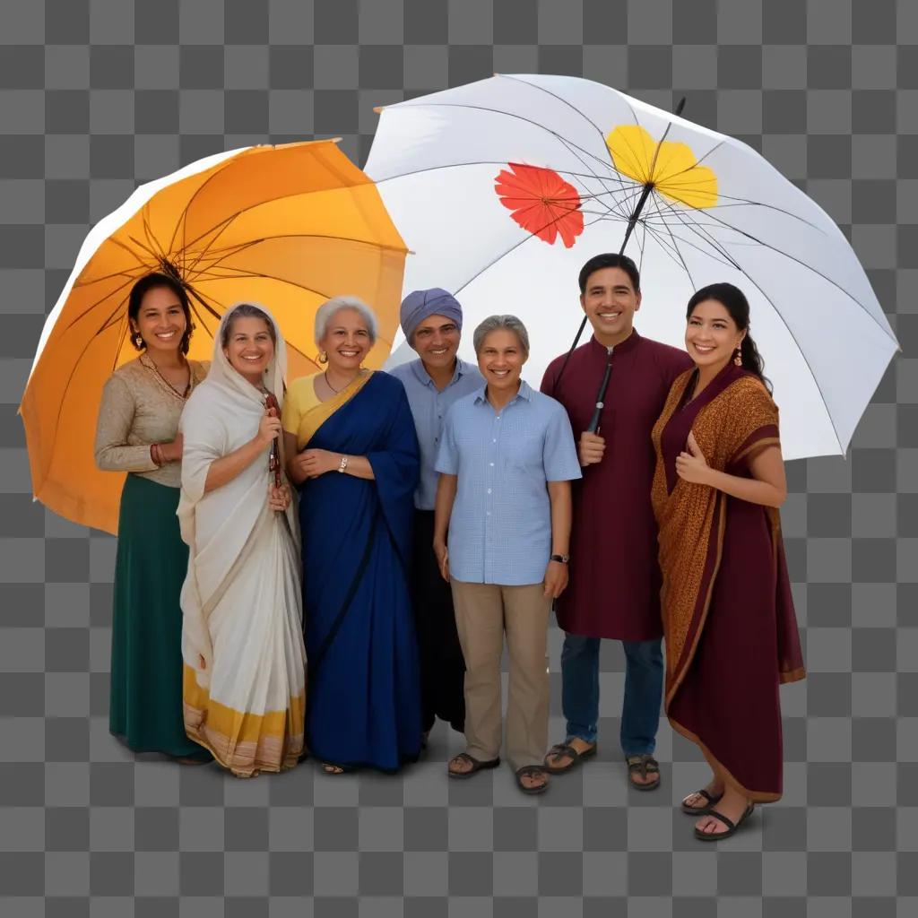 Family welcomes guest with umbrellas