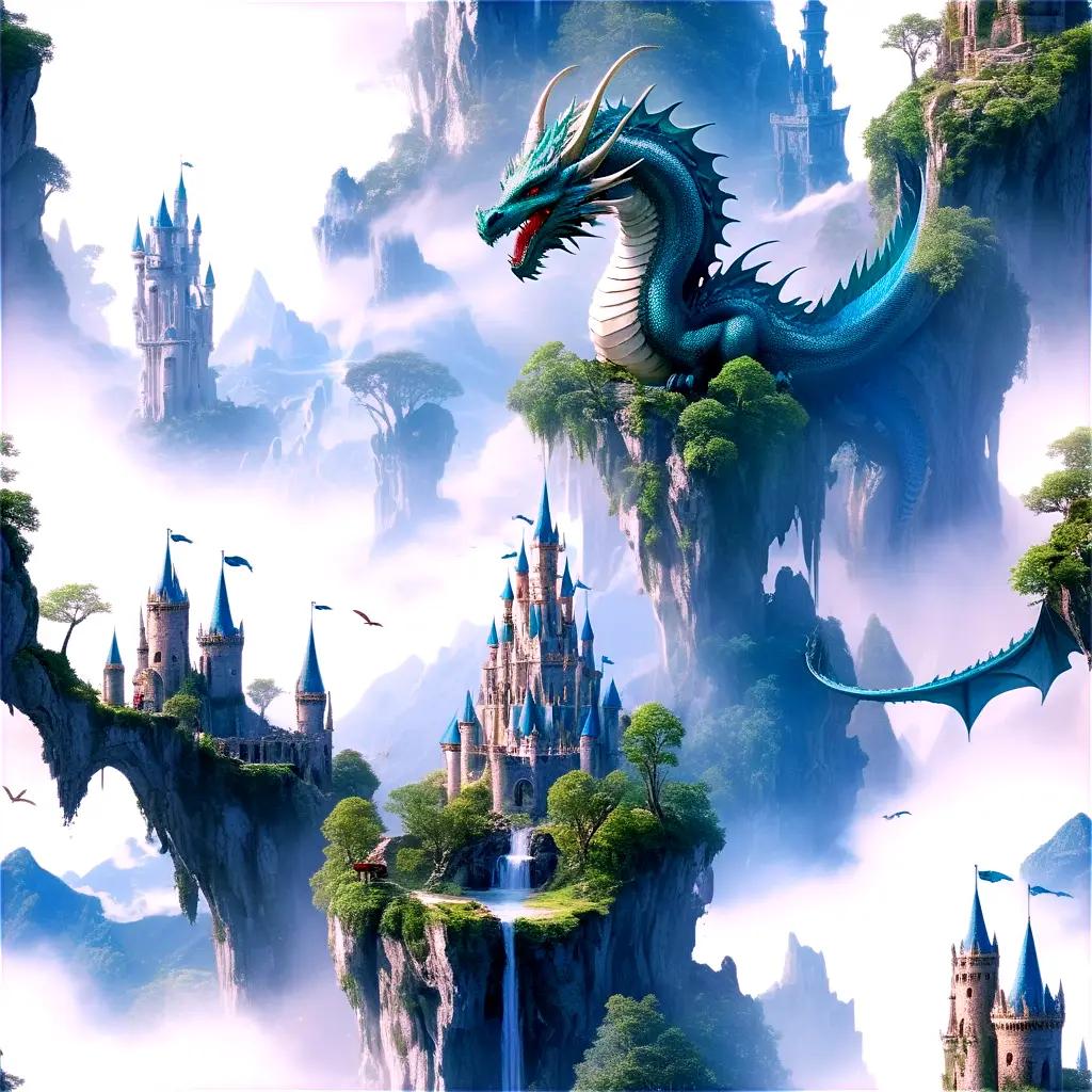 Fantasy artwork with a blue dragon on a mountain