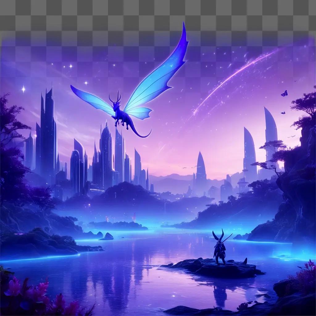 Fantasy landscape with purple sky and dragon