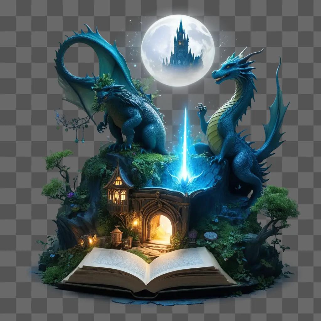 Fantasy scene with a book and two dragons