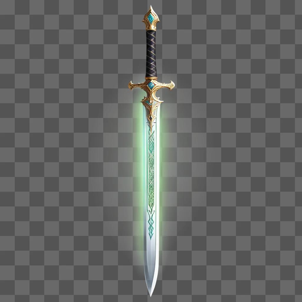 薄緑色の背景に緑色の輝きを持つファンタジーの剣