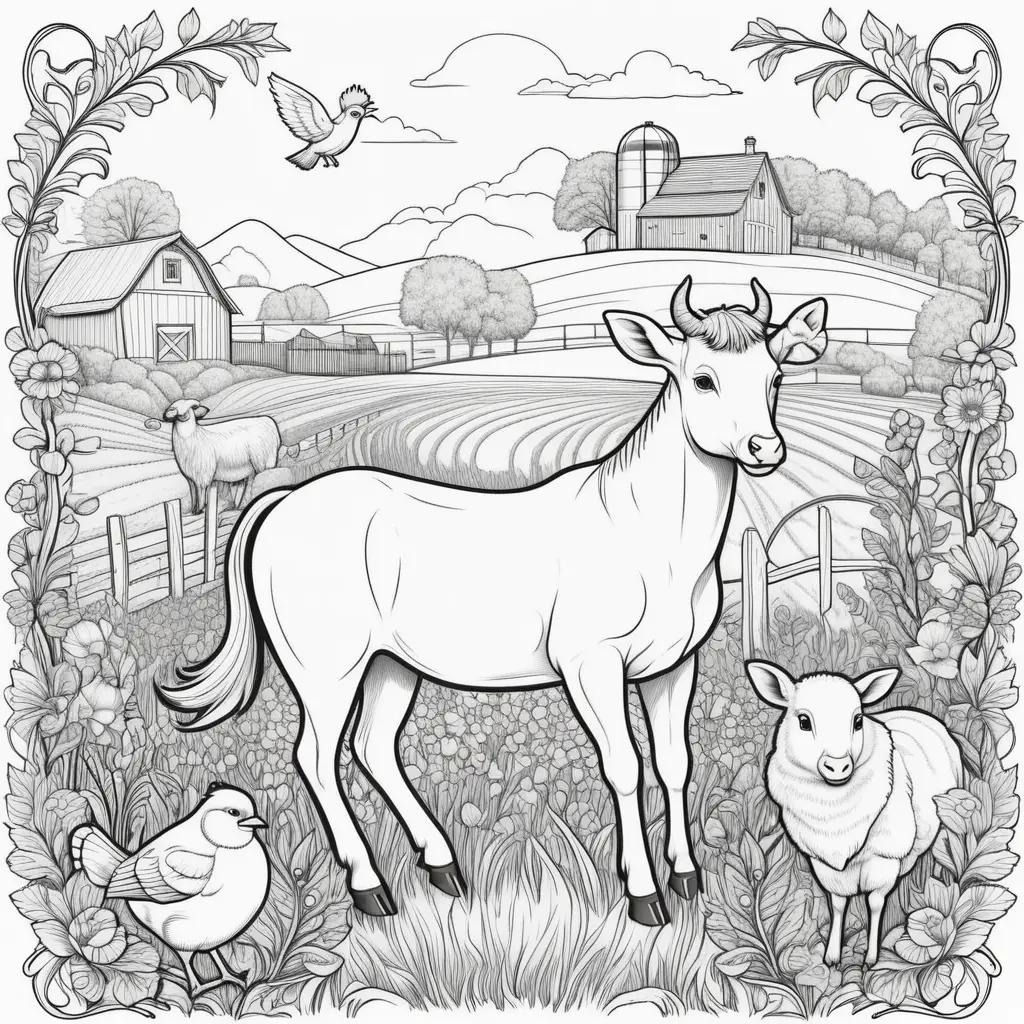 Farm Animals Coloring Page: A Cow, Sheep, and Chicken